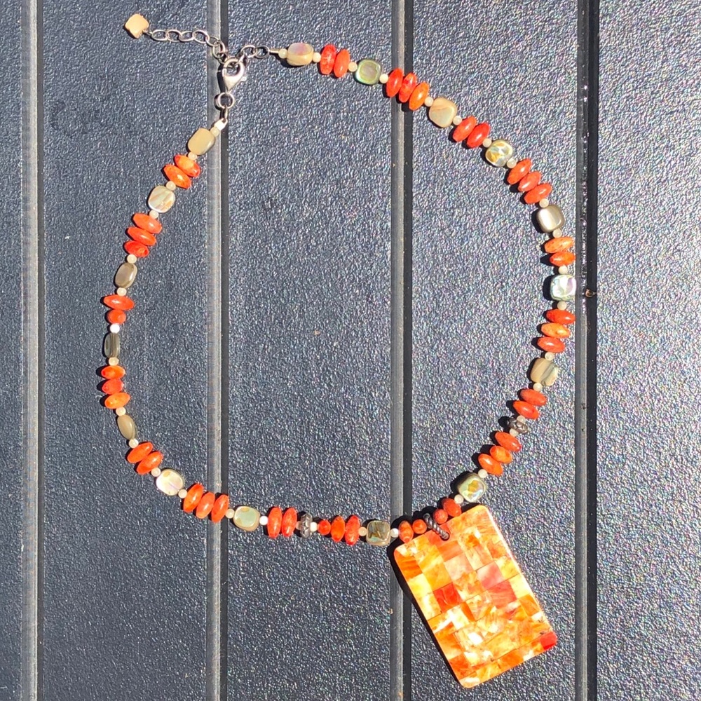 Orange and Coral Beaded Pendant Necklace